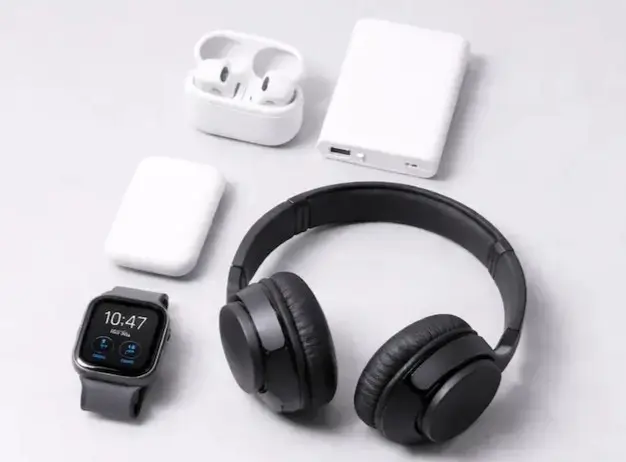 electronics and tech gadgets including wireless earbuds headphones and smartwatch