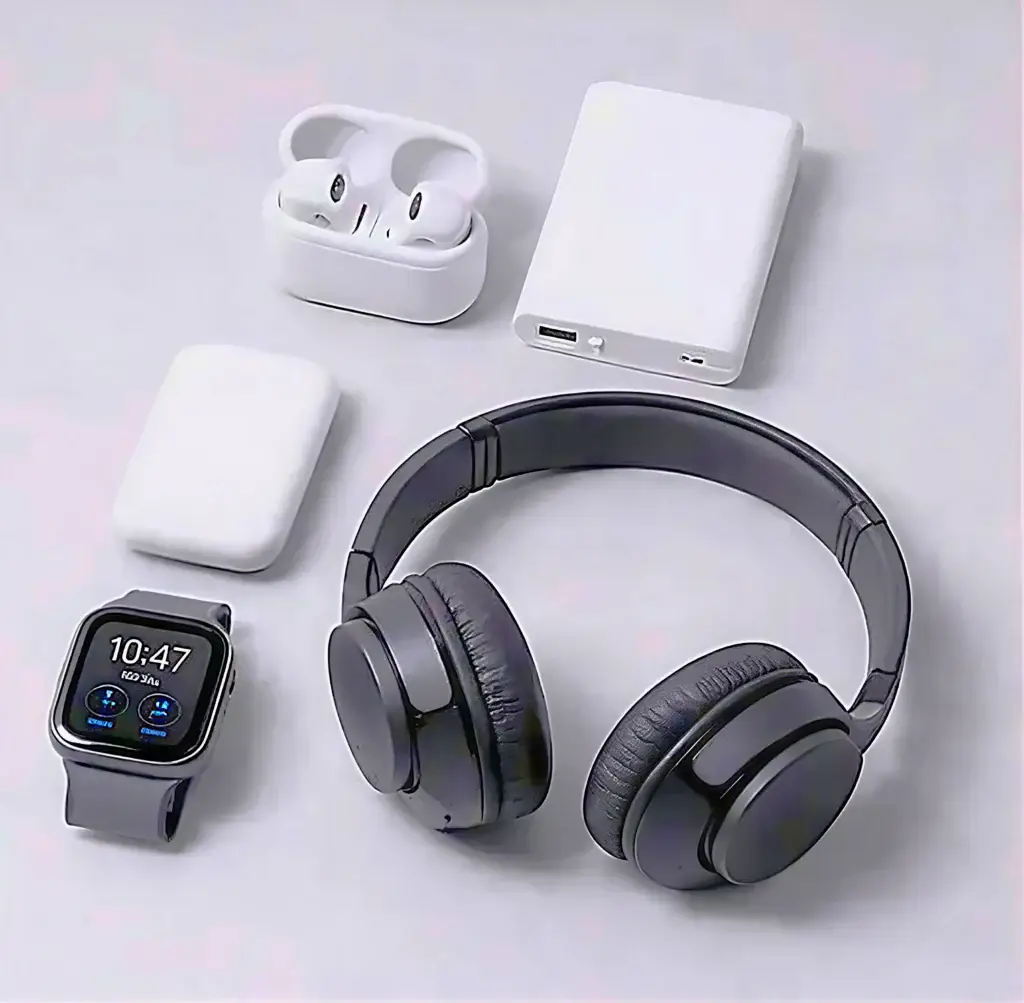 electronics and tech gadgets including wireless earbuds headphones and smartwatch