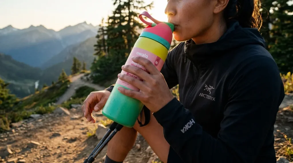 Person using Owala water bottle during outdoor fitness activity